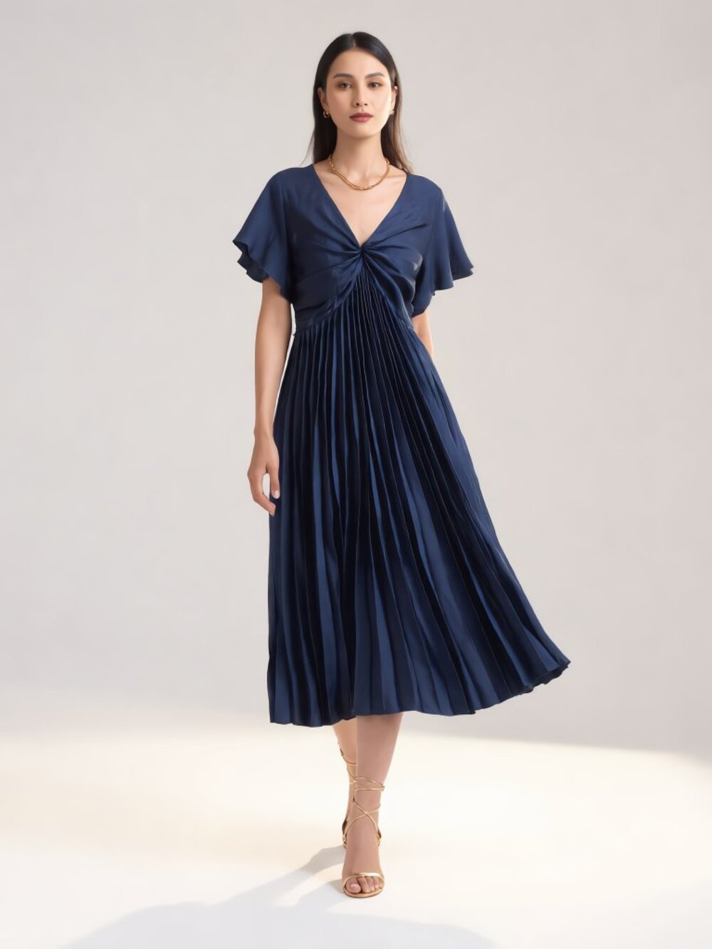 Petal + Pup Navy Blue Pleated Midi Dress Twist Front Flutter Sleeve Size Large